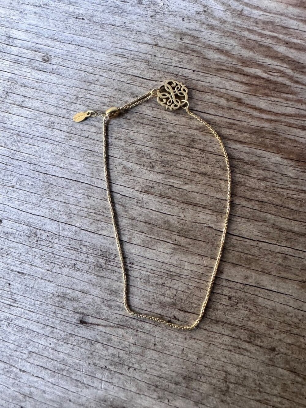 Alex and Ani Gold Tone Slider Necklace Filigree Monogram Charm Adjustable - Picture 4 of 9